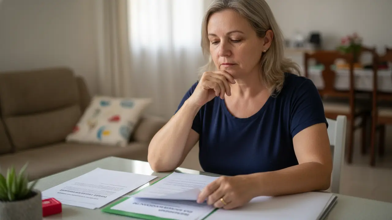 Mulher branca de meia-idade analisando documentos de auxílio-acidente e seguro-desemprego.