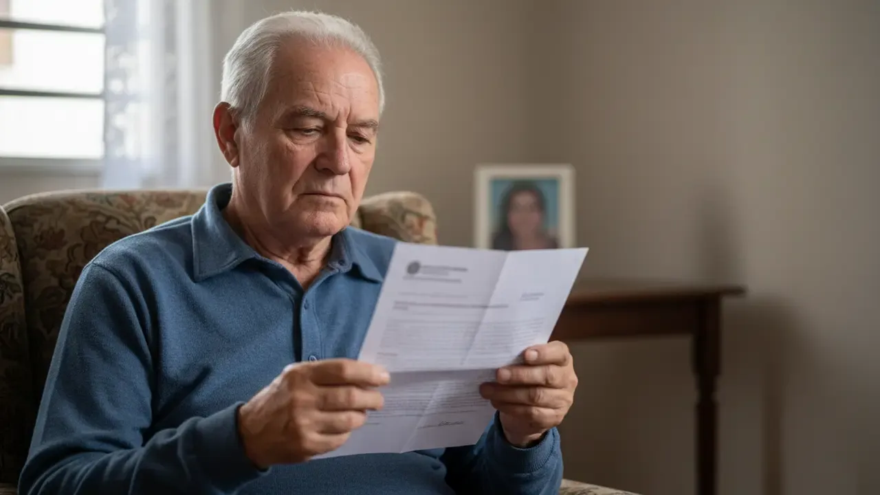Homem idoso lendo carta de negativa de pensão por morte do INSS, preocupado.