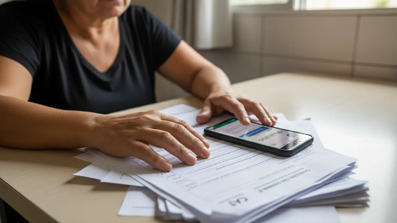 Mãos de mulher parda sobre documentos e celular, representando a comprovação de doença ocupacional.