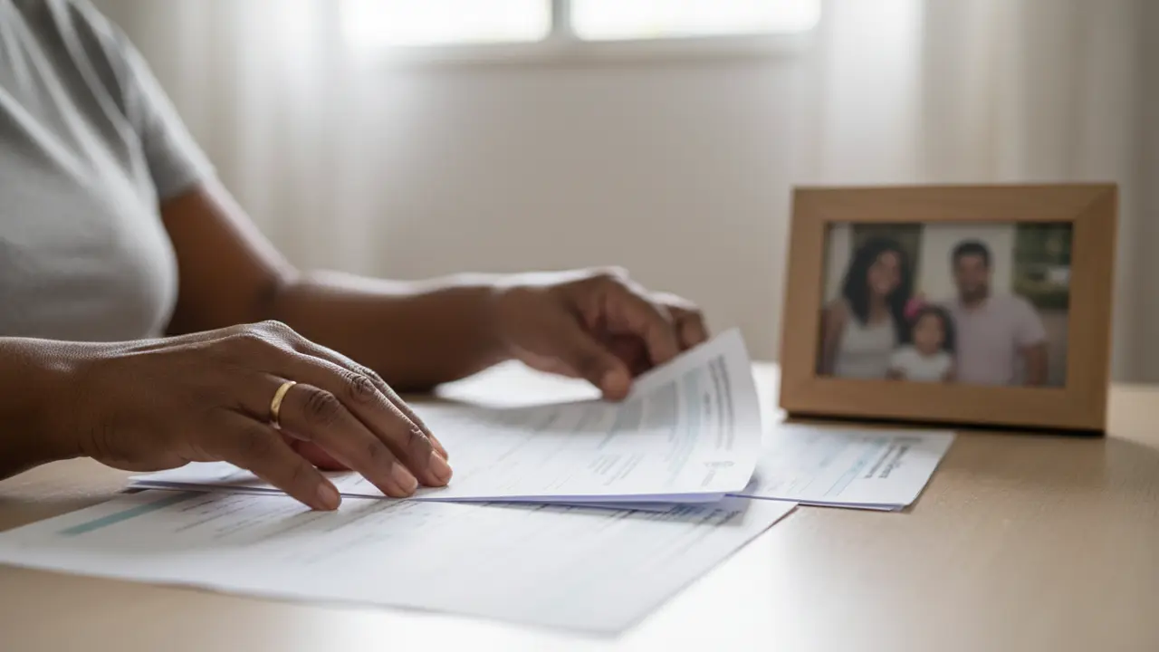 Mãos de mulher negra organizando documentos e foto, representando a pensão por morte e organização familiar.