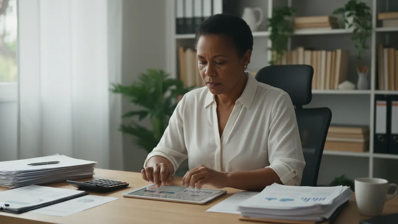 Mulher negra planejando aposentadoria com tablet e documentos, ilustrando regras de transição.
