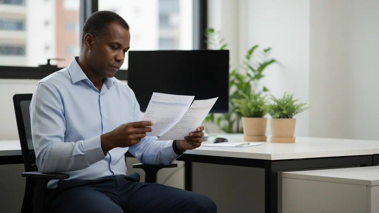 Homem negro comparando documentos em mesa de escritório, representando equiparação salarial.