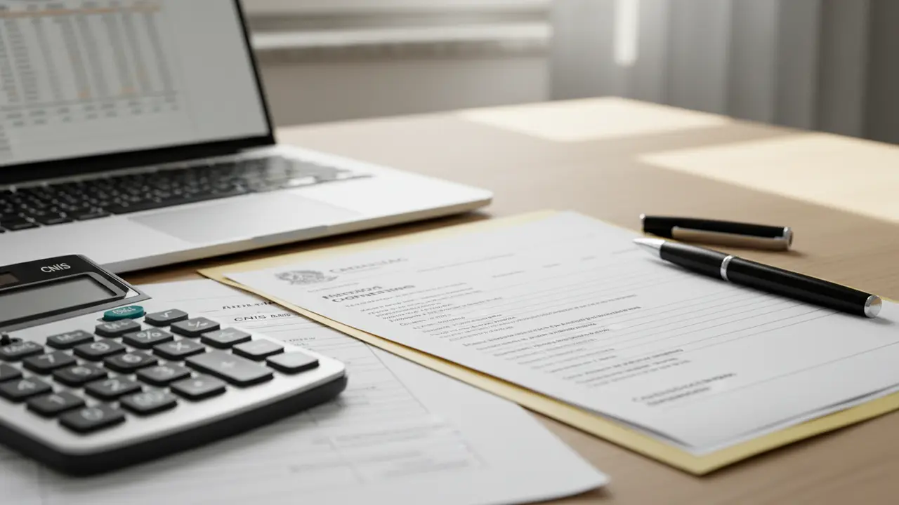 Mesa com documentos previdenciários, calculadora e tablet com planilha de cálculos, representando a revisão de aposentadoria.
