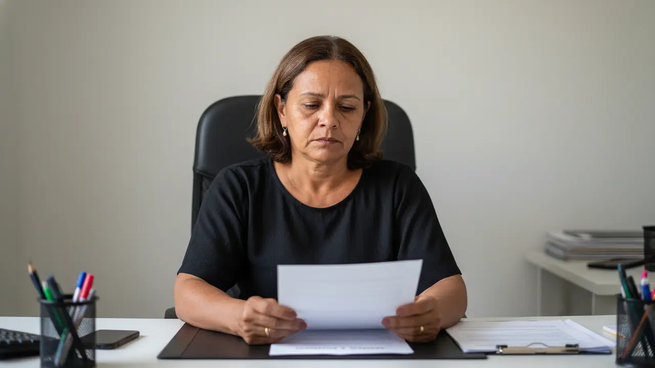 Mulher parda em escritório doméstico, pensativa sobre pedido de demissão por transtorno bipolar.