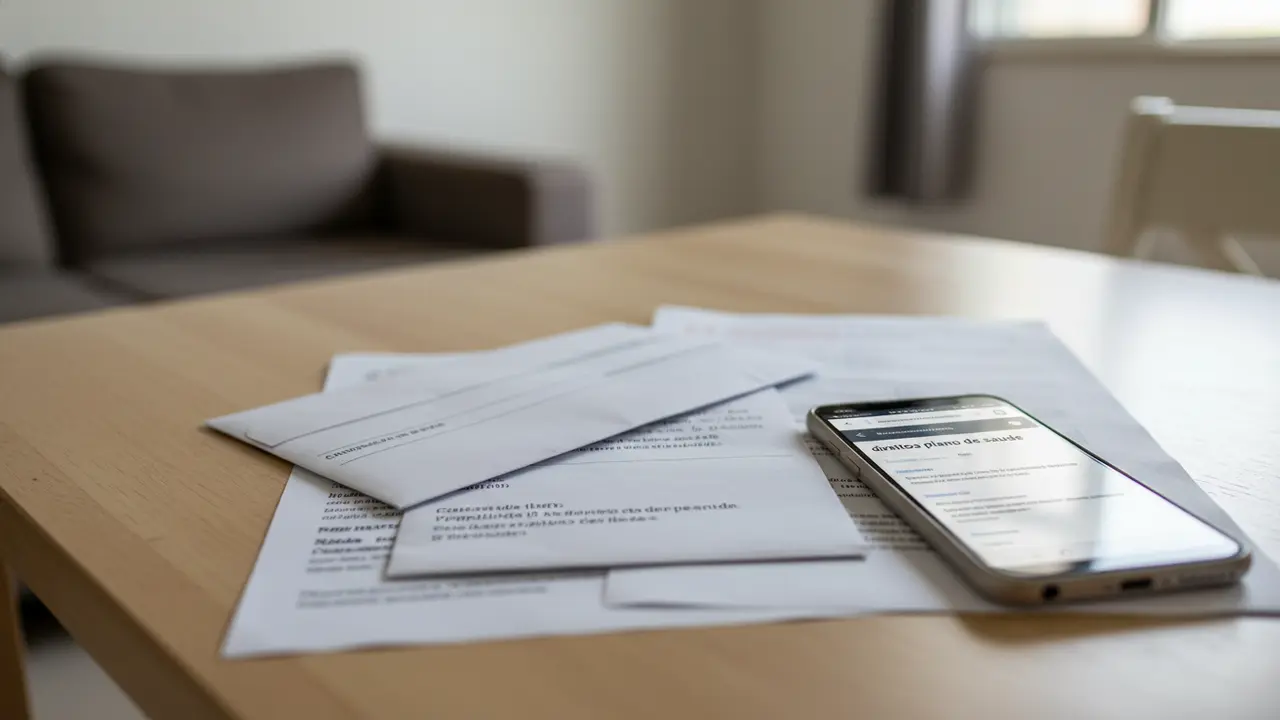 Mesa com carta de cancelamento de plano de saúde, documentos médicos e celular, representando direitos no auxílio-doença.