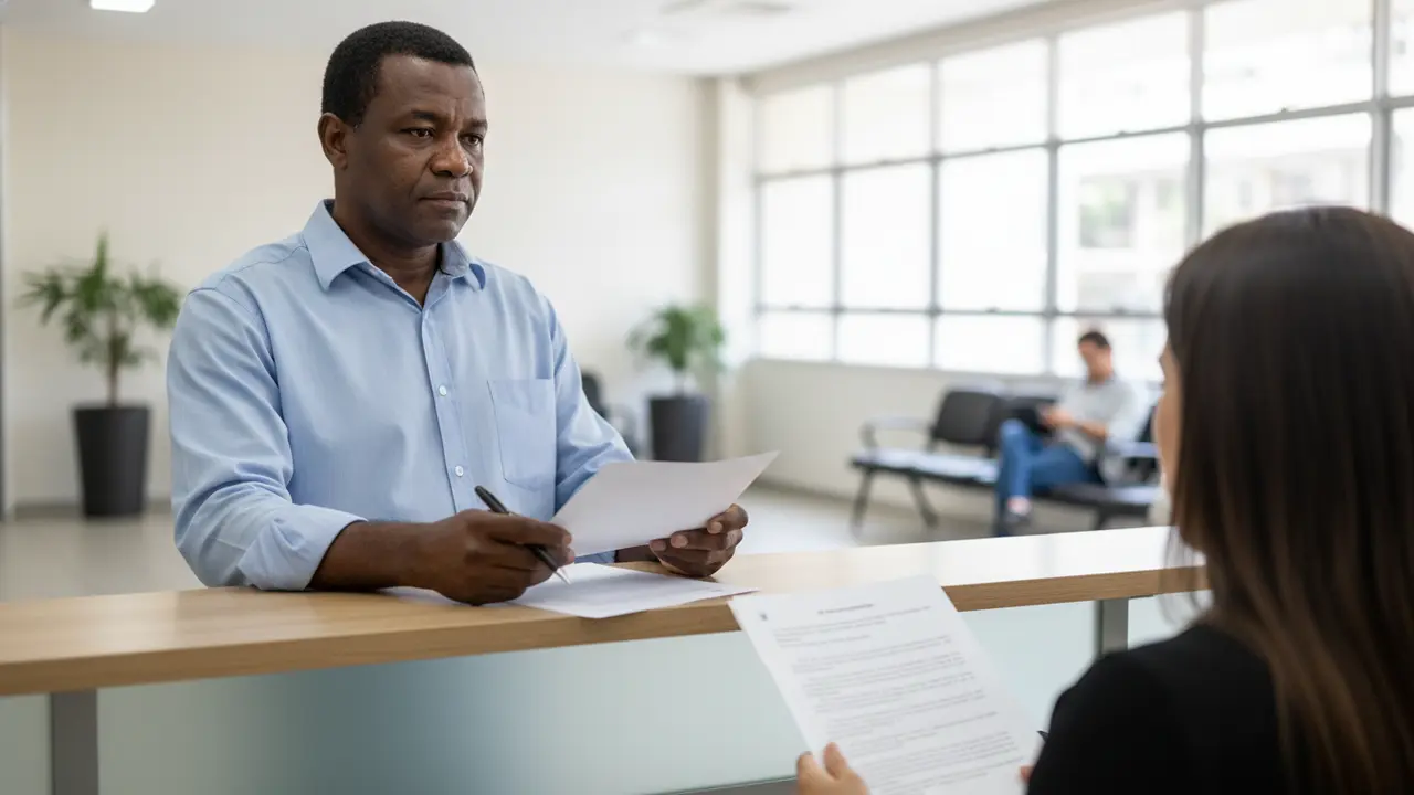 Homem negro em balcão de atendimento do Juizado Especial, buscando resolver problemas de forma acessível.