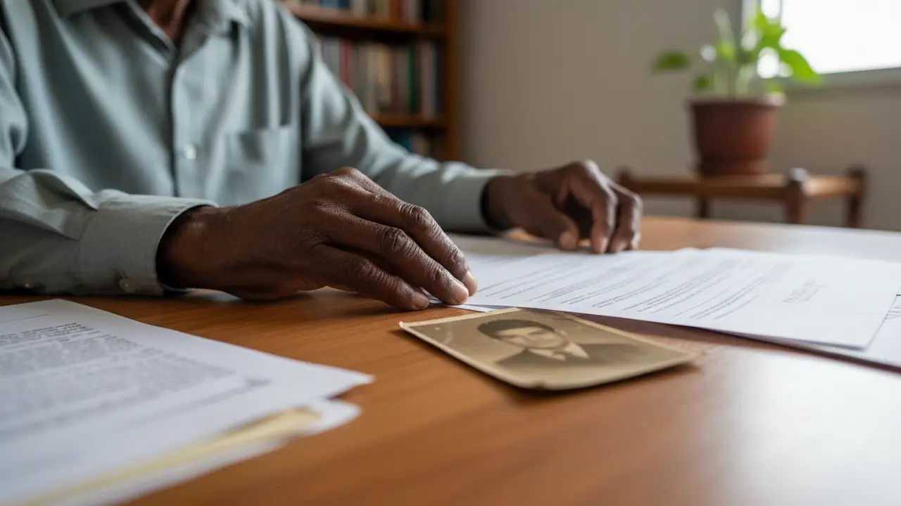 Mãos de avô negro organizando documentos e foto do neto para pensão por morte.