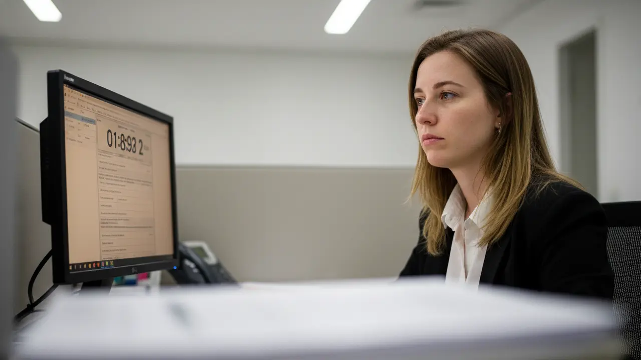Mulher em cubículo de escritório olhando monitor com sistema de banco de horas negativo.