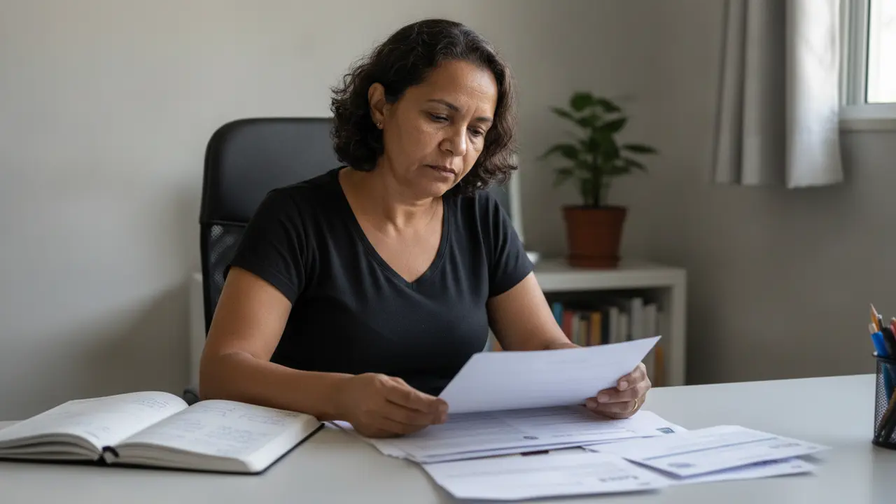 Mulher parda revisando documentos e calendário para planejar aposentadoria após benefício por incapacidade.