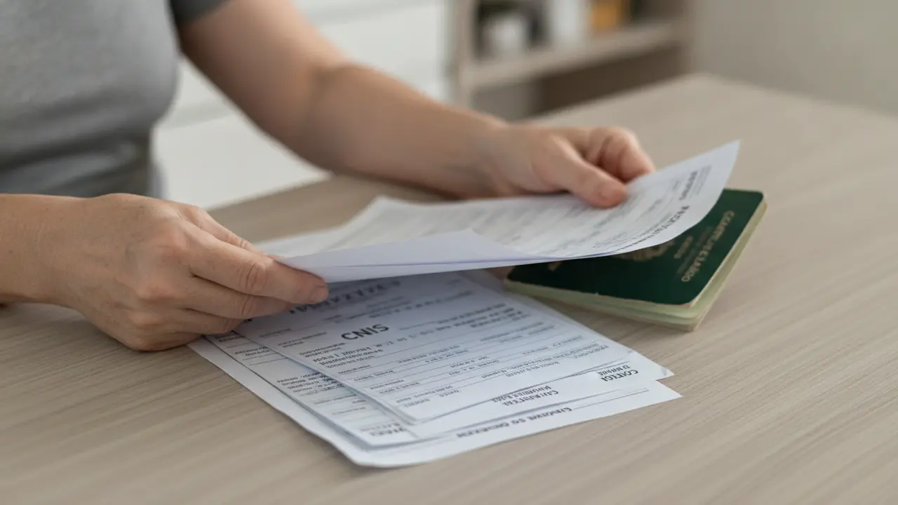 Mãos de mulher segurando extrato do CNIS com pendência PEXT e documentos de trabalho.