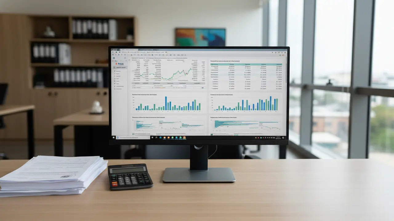 Tela de computador com gráficos financeiros e documentos, representando o debate sobre o déficit da previdência e aposenta...