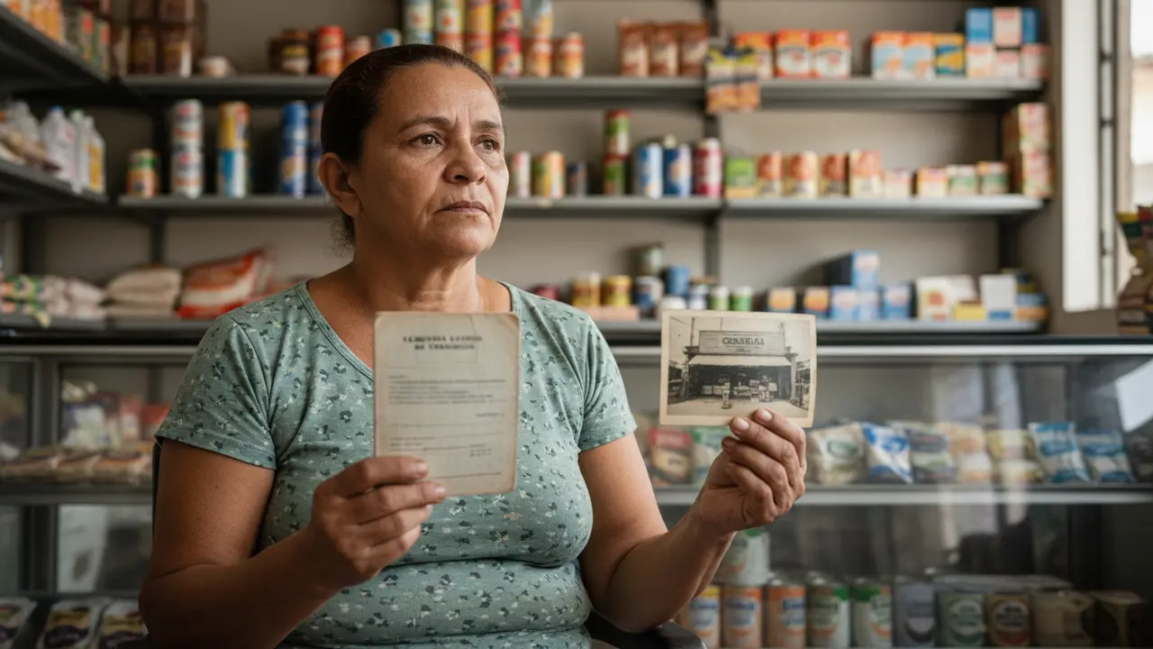 Mulher parda de meia-idade segurando carteira de trabalho e foto antiga em armazém, pensando em reconhecimento de vínculo.