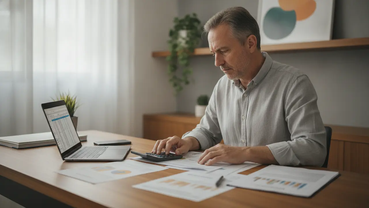 Homem branco de meia-idade planejando aposentadoria em home office, com documentos e computador.