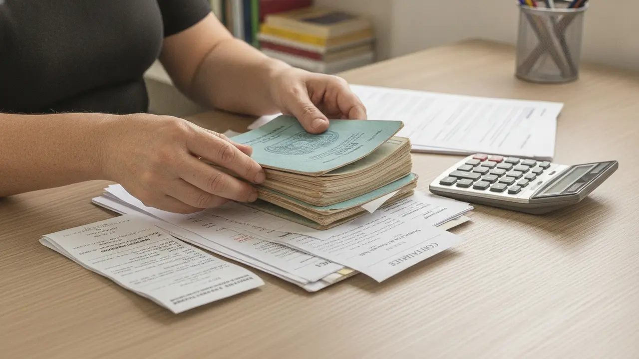 Mãos de mulher organizando carteiras de trabalho e documentos para comprovar tempo de contribuição para aposentadoria.