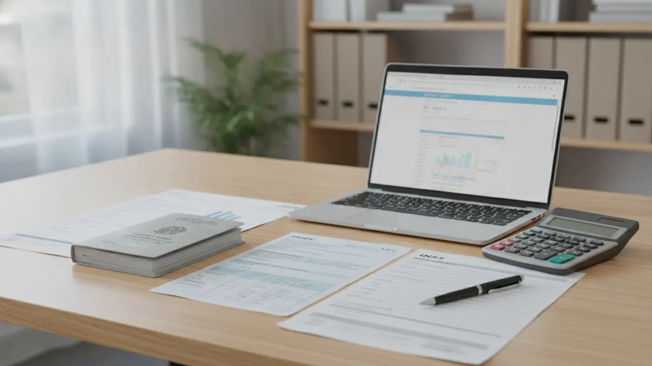 Mesa organizada com documentos, calculadora e tablet, representando o planejamento previdenciário.