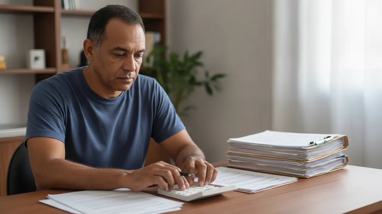 Homem pardo de meia-idade calculando indenização previdenciária para recuperar tempo de contribuição.