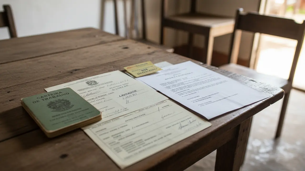 Documentos como carteira de trabalho e notas rurais sobre mesa, representando início de prova material para INSS.