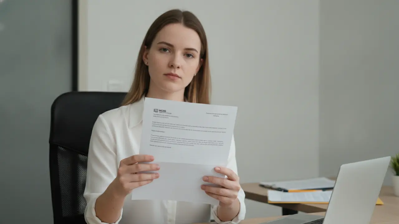 Mulher jovem adulta lendo carta oficial em escritório, representando responsabilidade civil e indenização.