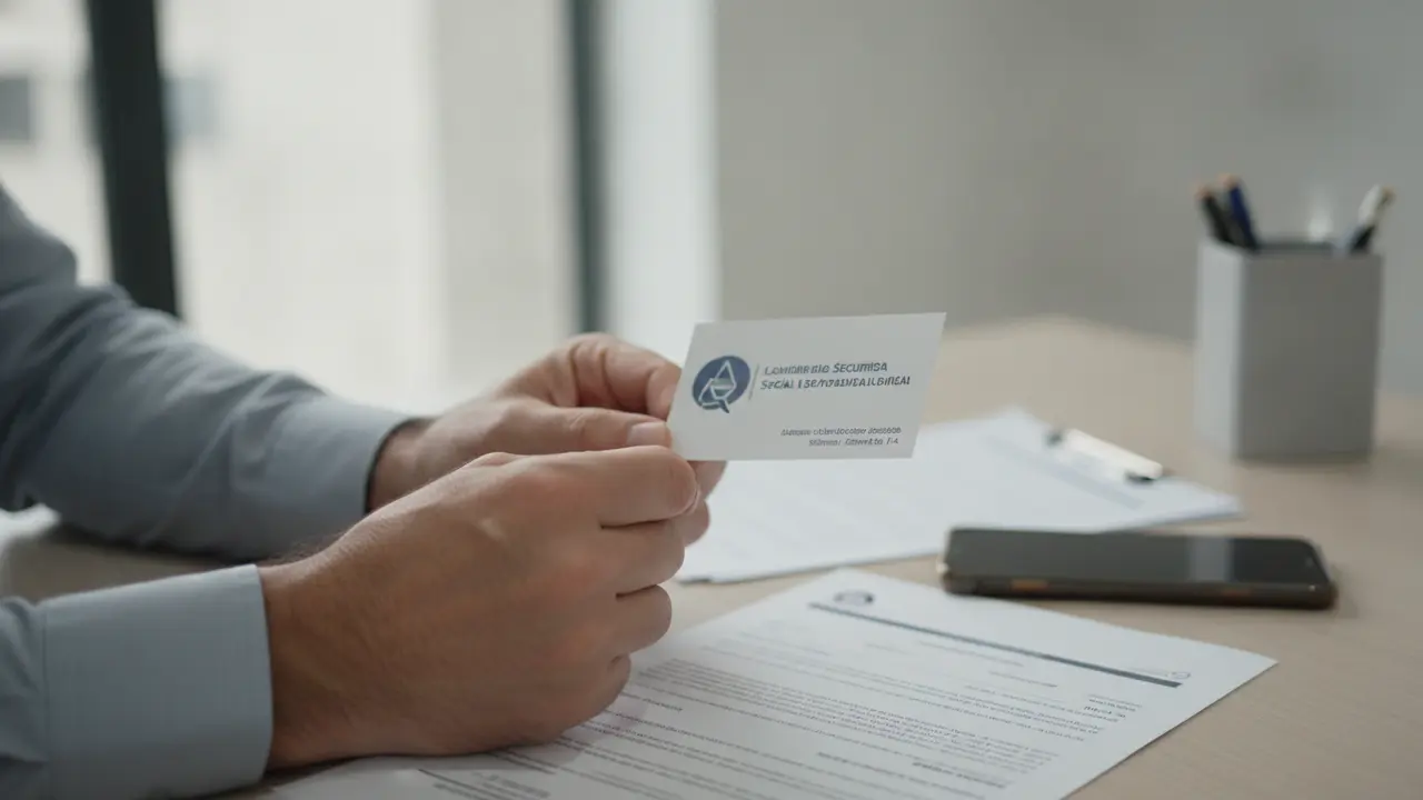 Mãos de homem segurando cartão de visita de advogado previdenciário, com documentos e celular, sobre a escolha de profissi...