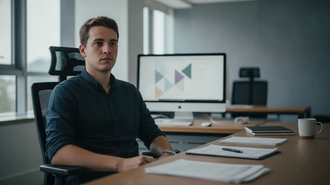 Homem em escritório, pensativo, sobre direitos trabalhistas e depressão.