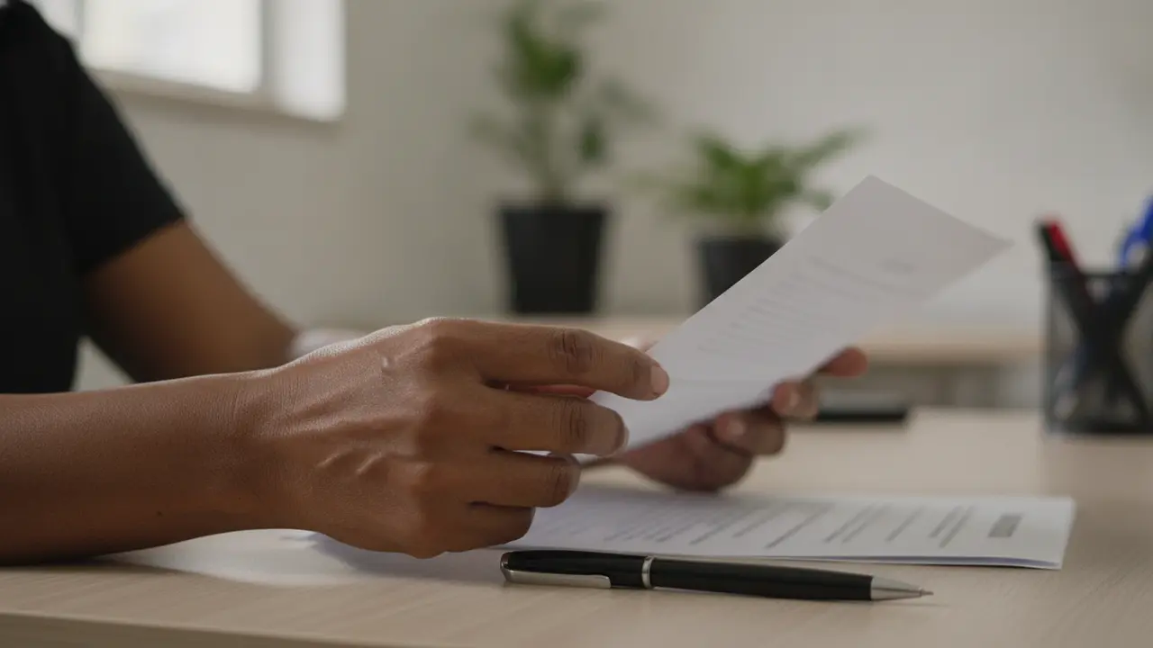 Mãos de mulher negra analisando contrato de experiência em mesa de escritório.
