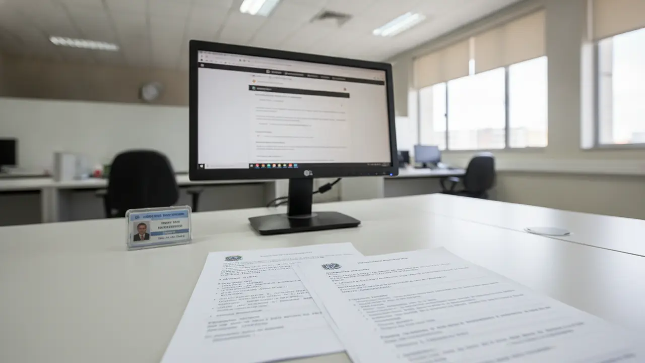 Mesa de trabalho de servidor público com computador e documentos, ilustrando abono de permanência.