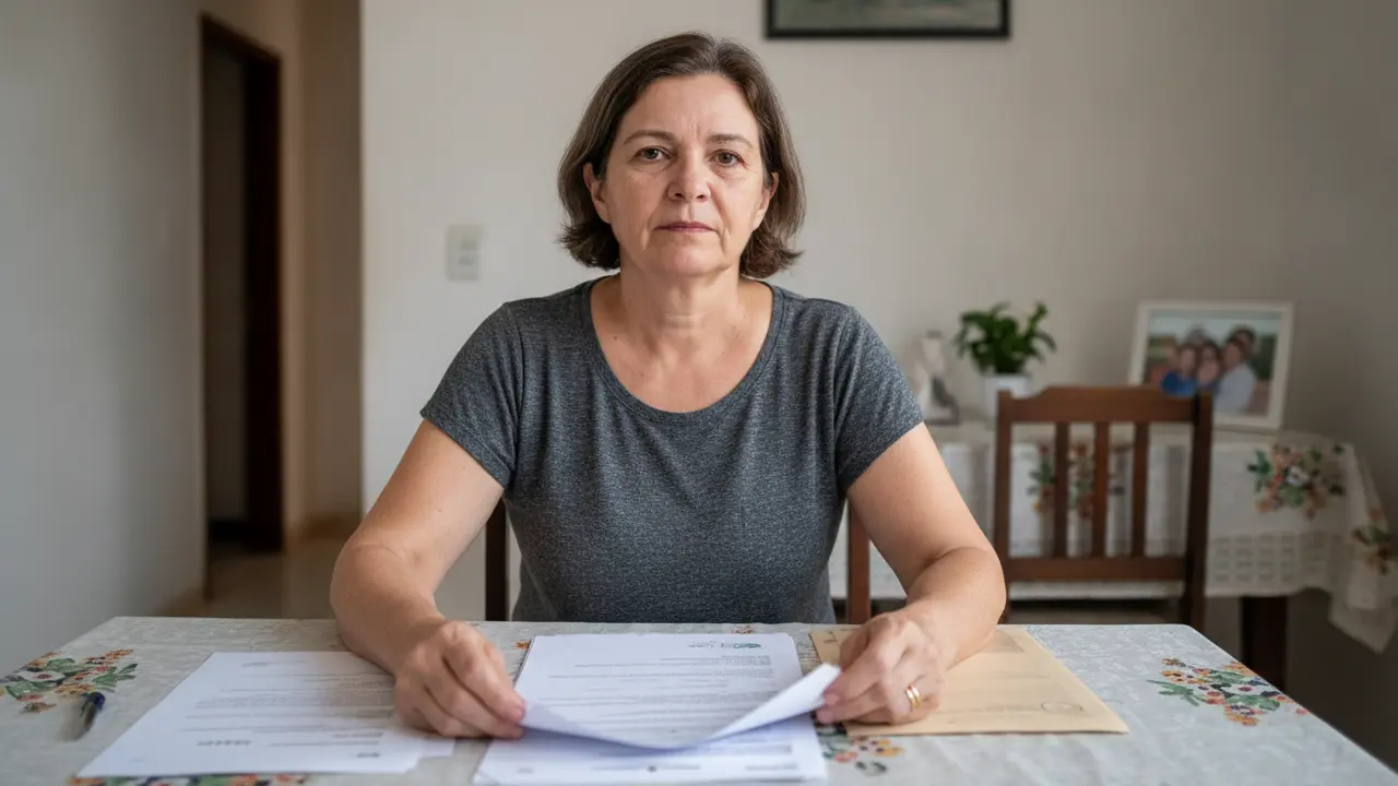 Mulher de meia-idade organizando documentos de pensão por morte integral em casa.