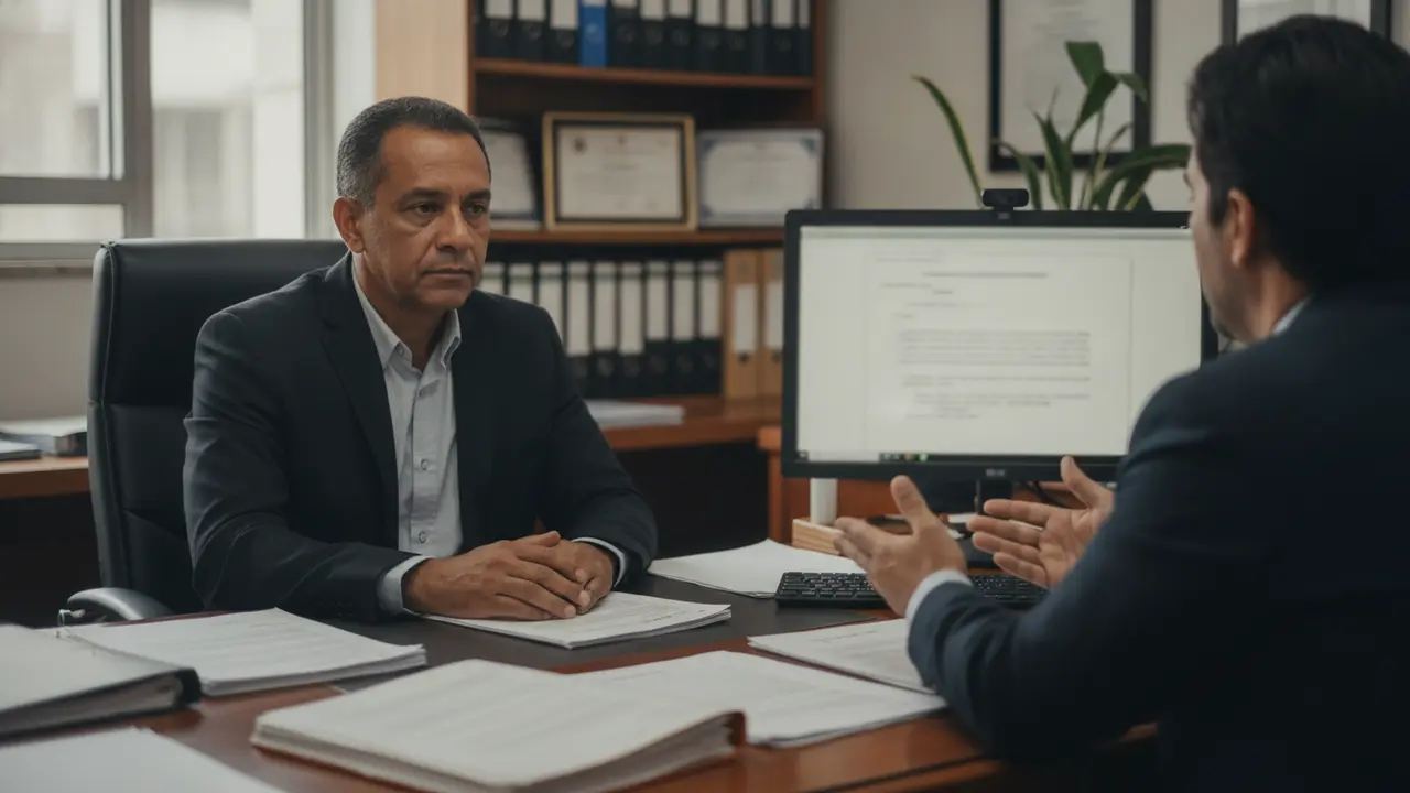 Homem em escritório de advocacia, olhando tela de computador, sobre ação rescisória no INSS.