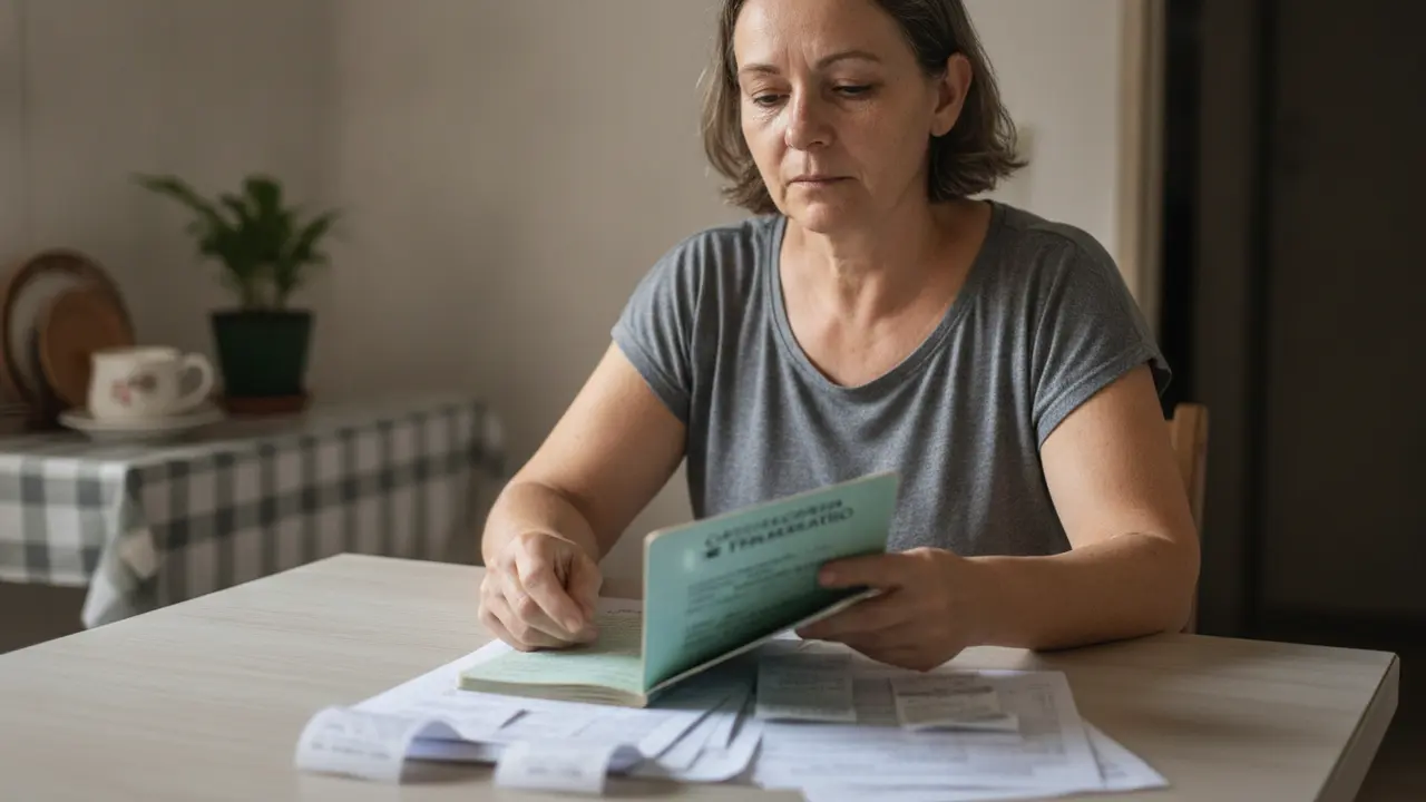 Mulher de meia-idade examinando carteira de trabalho e documentos para aposentadoria de doméstico.