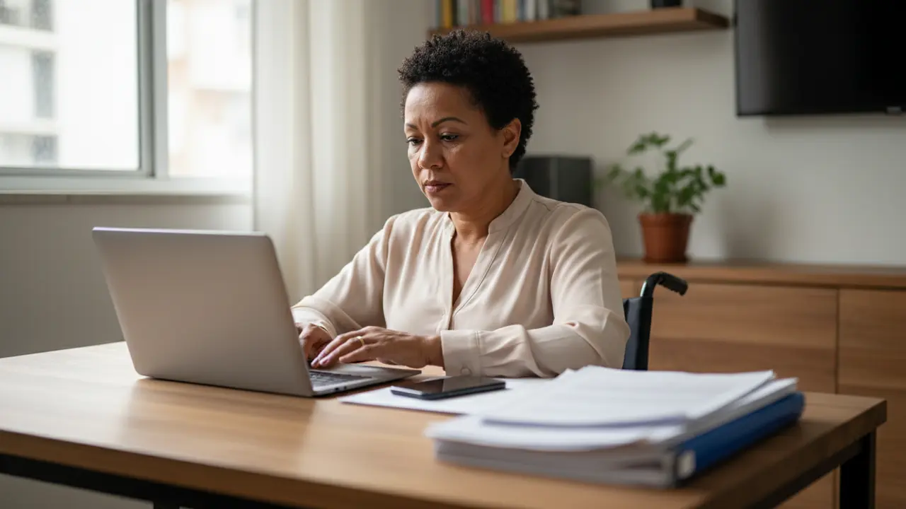 Mulher negra em cadeira de rodas usando laptop para pesquisar direitos de PCD.