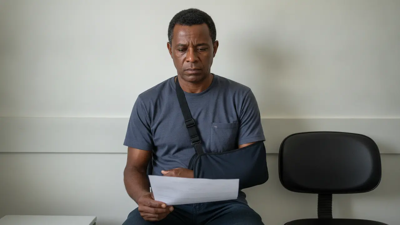 Entregador com braço imobilizado lendo laudo médico, sobre nexo de causalidade em acidente de trabalho.
