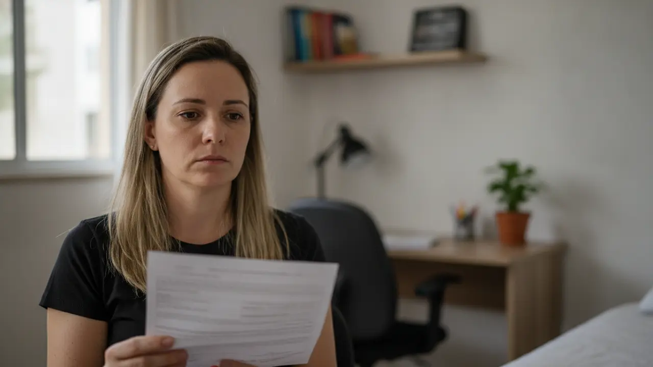 Mulher preocupada segurando atestado médico, pensando na carência do auxílio por incapacidade temporária.