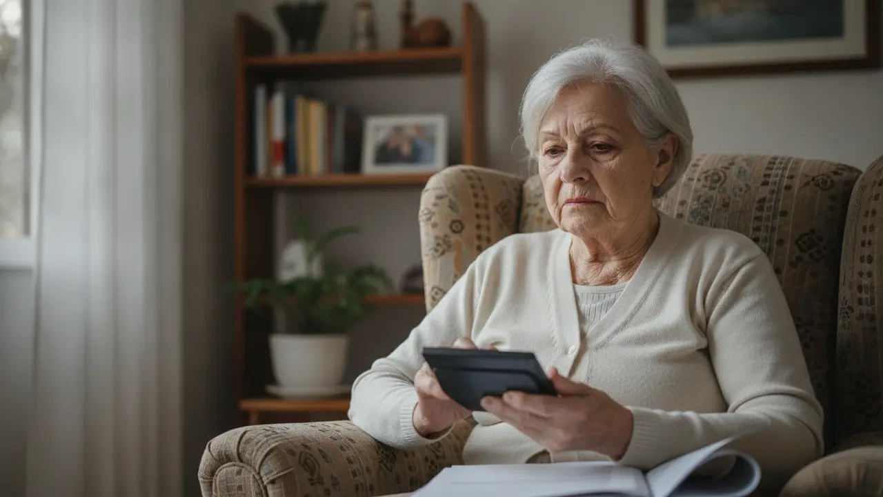 Mulher idosa pensativa com documentos do INSS, ilustrando a irredutibilidade do benefício.