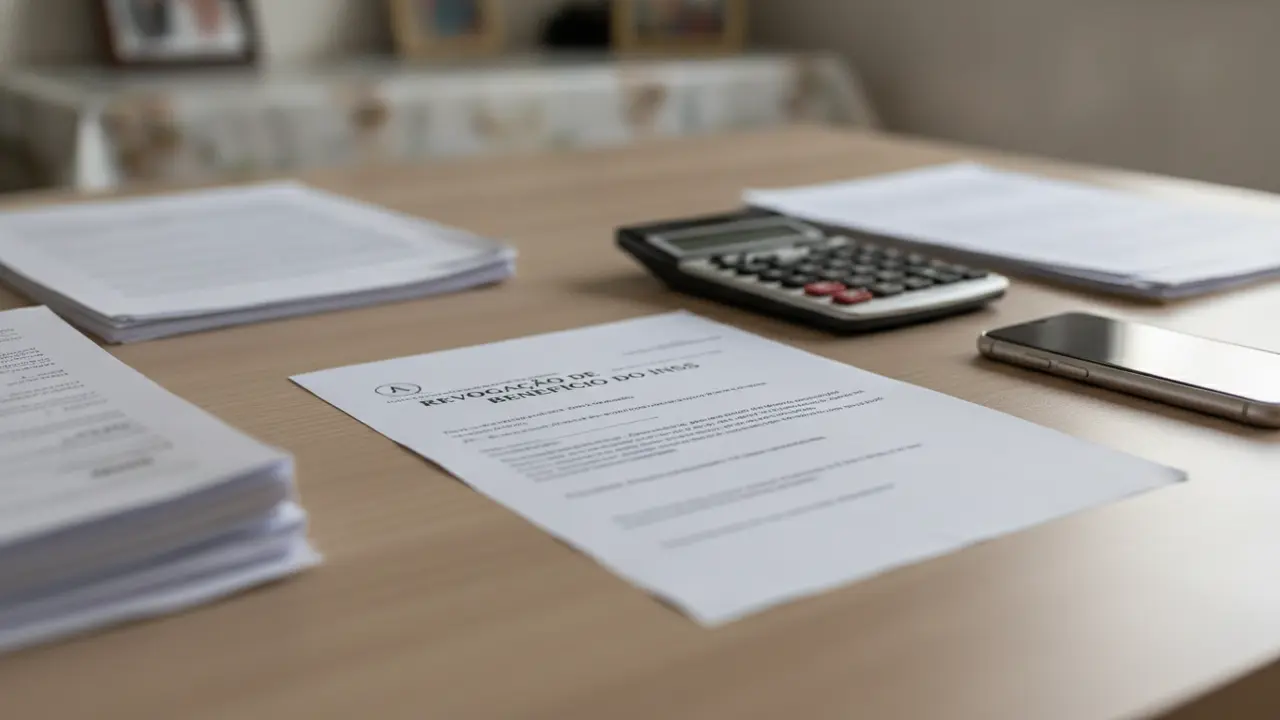 Mesa com notificação do INSS, documentos e calculadora, ilustrando revogação de benefício.