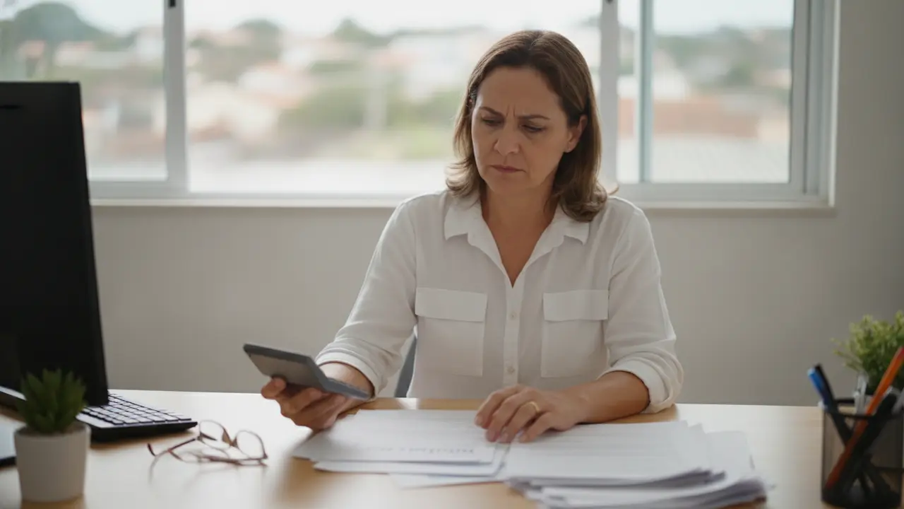 Mulher em home office revisando documentos e calculadora sobre aviso prévio.
