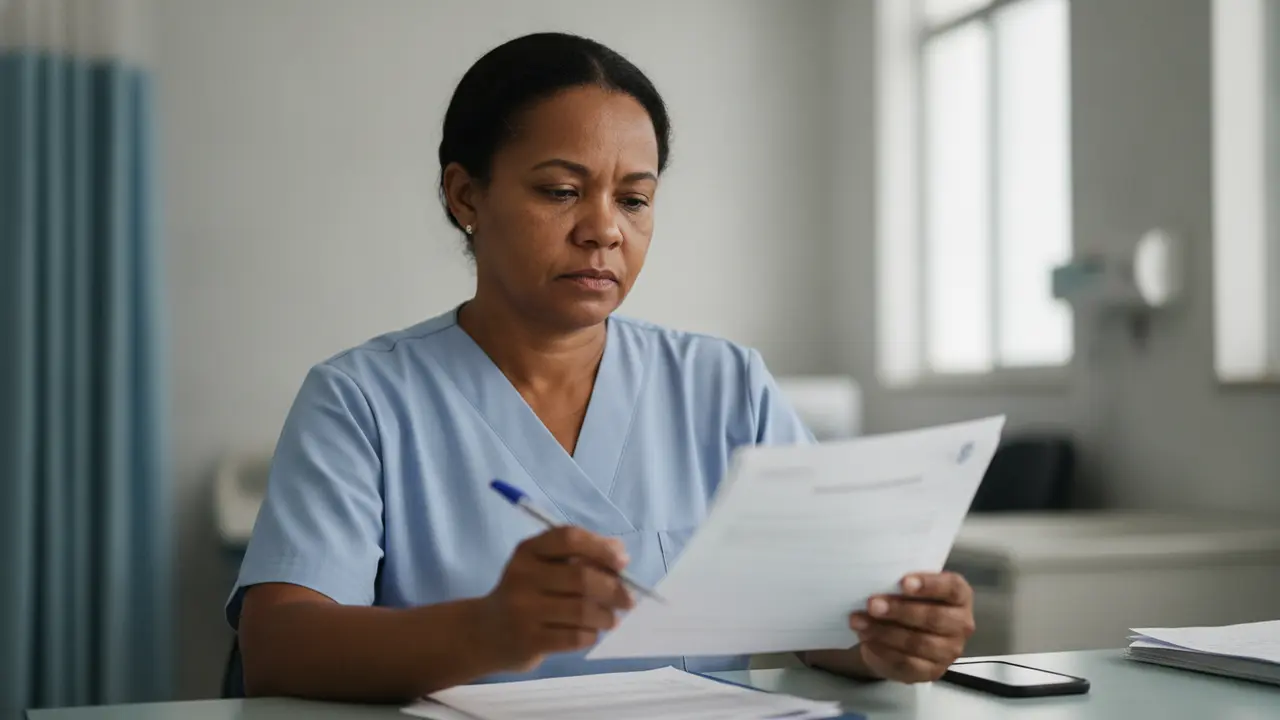 Técnica de enfermagem em posto hospitalar revisando documentos para aposentadoria especial.