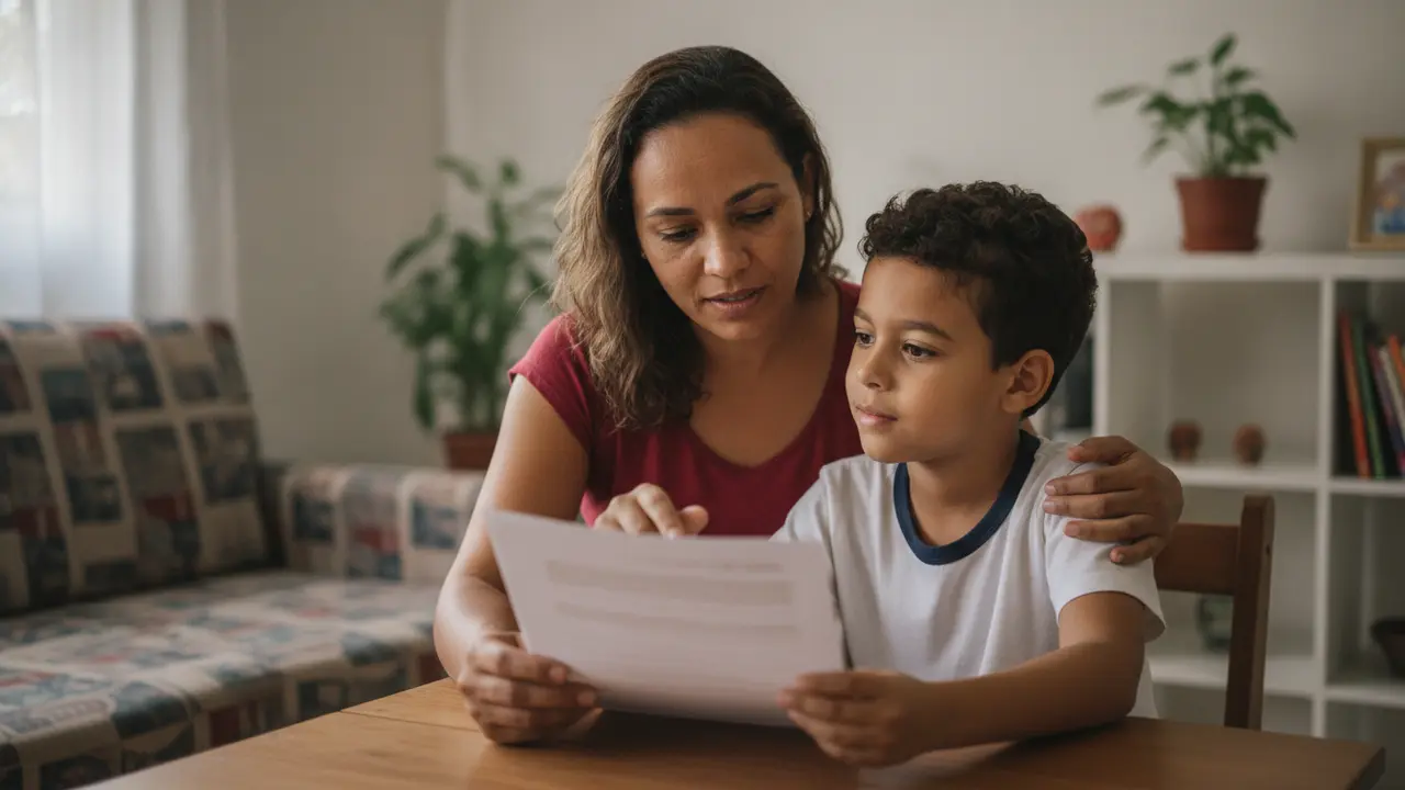 Mãe e filho revisando documentos do INSS, ilustrando a prescrição do incapaz.