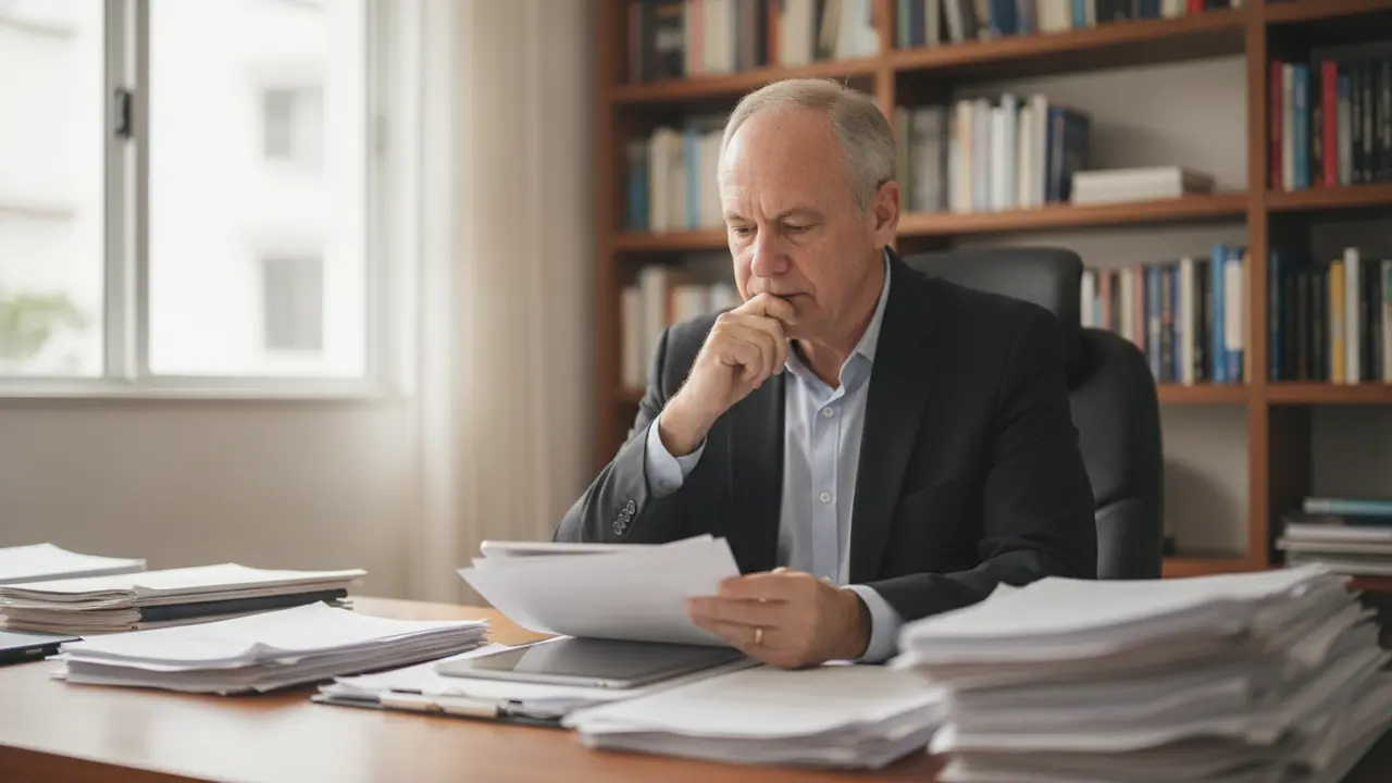 Homem em home office analisando documentos sobre acumulação de benefícios do INSS.