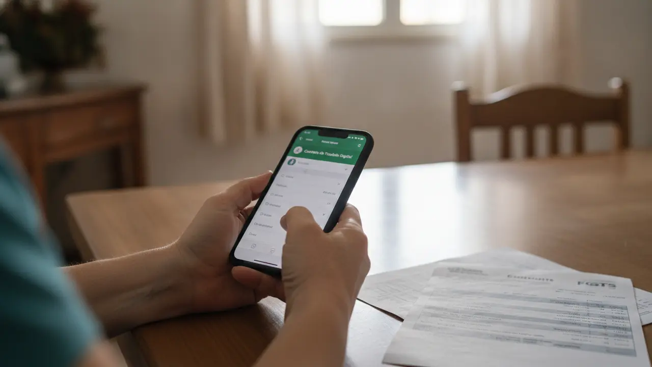 Mãos de mulher com celular e documentos, representando a perda da carteira de trabalho e a busca por solução.