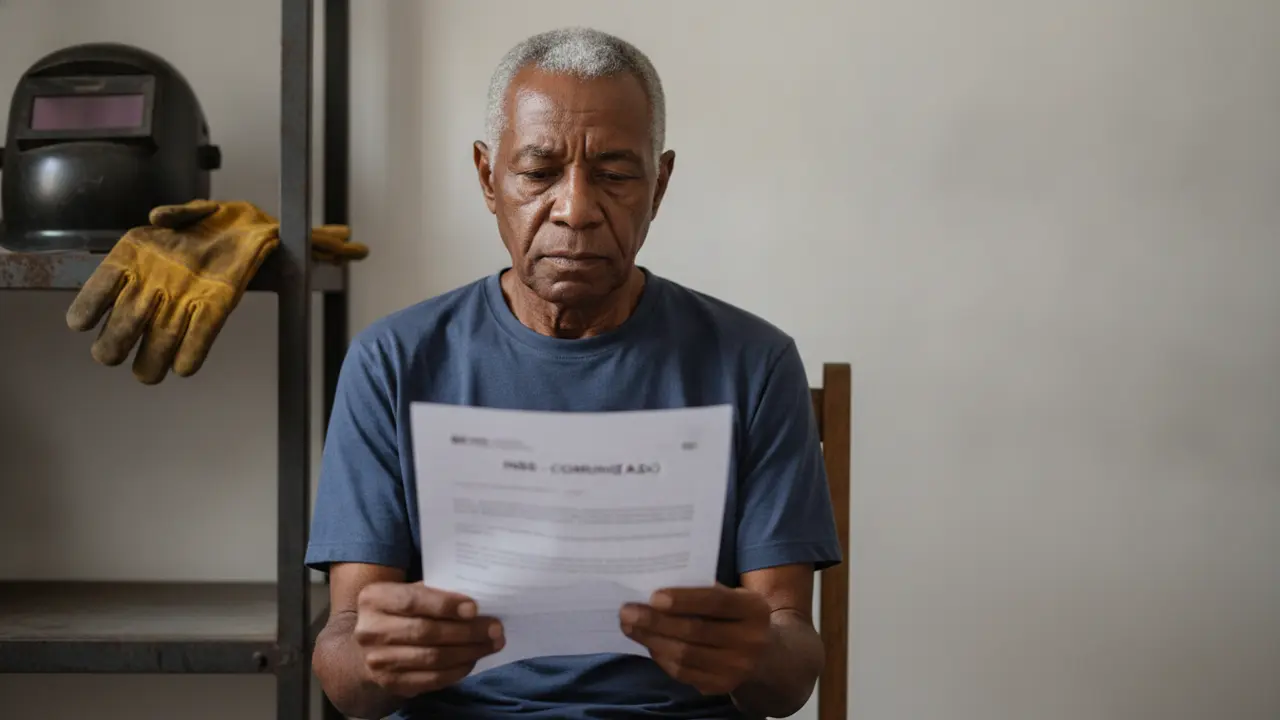 Aposentado especial lendo documentos sobre regras de trabalho, com capacete de soldador ao fundo.