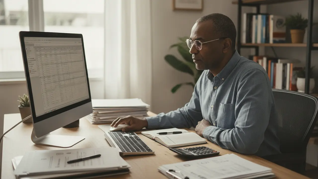 Homem negro analisando extrato do INSS no computador, identificando erros no salário de contribuição.