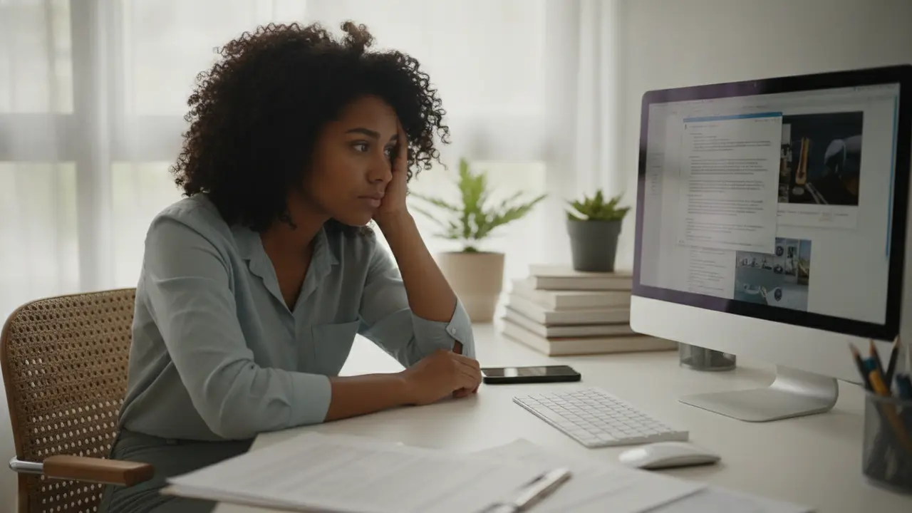 Mulher negra em home office com expressão de cansaço, ilustrando horas extras no teletrabalho.