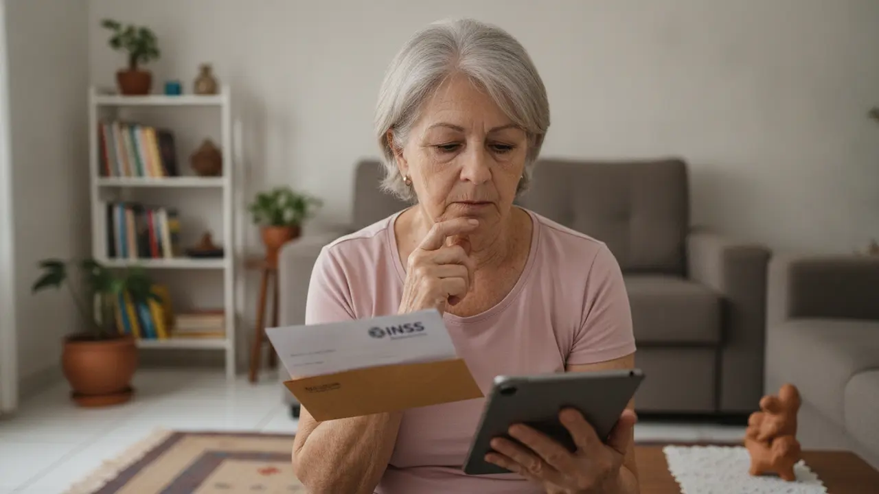 Mulher idosa com correspondência do INSS e tablet, consultando a Revisão do Art. 29.