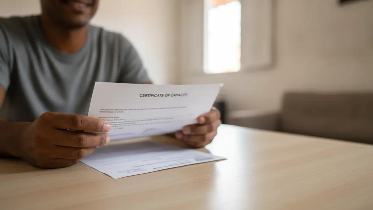 Mãos masculinas pardas segurando um certificado de capacidade, simbolizando o cancelamento da aposentadoria por incapacidade.