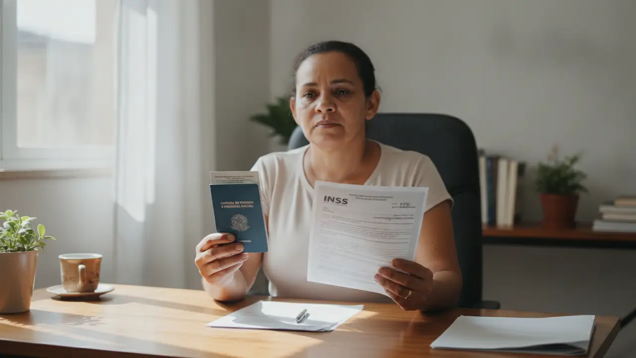 Mulher parda pensativa com carteira de trabalho e documentos, ilustrando aposentadoria por incapacidade.