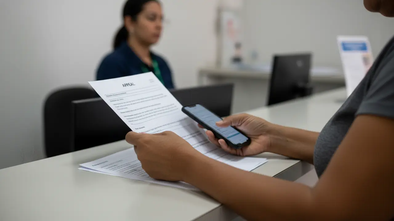 Mãos de mulher parda preenchendo formulário de recurso do Auxílio Emergencial em balcão de atendimento.