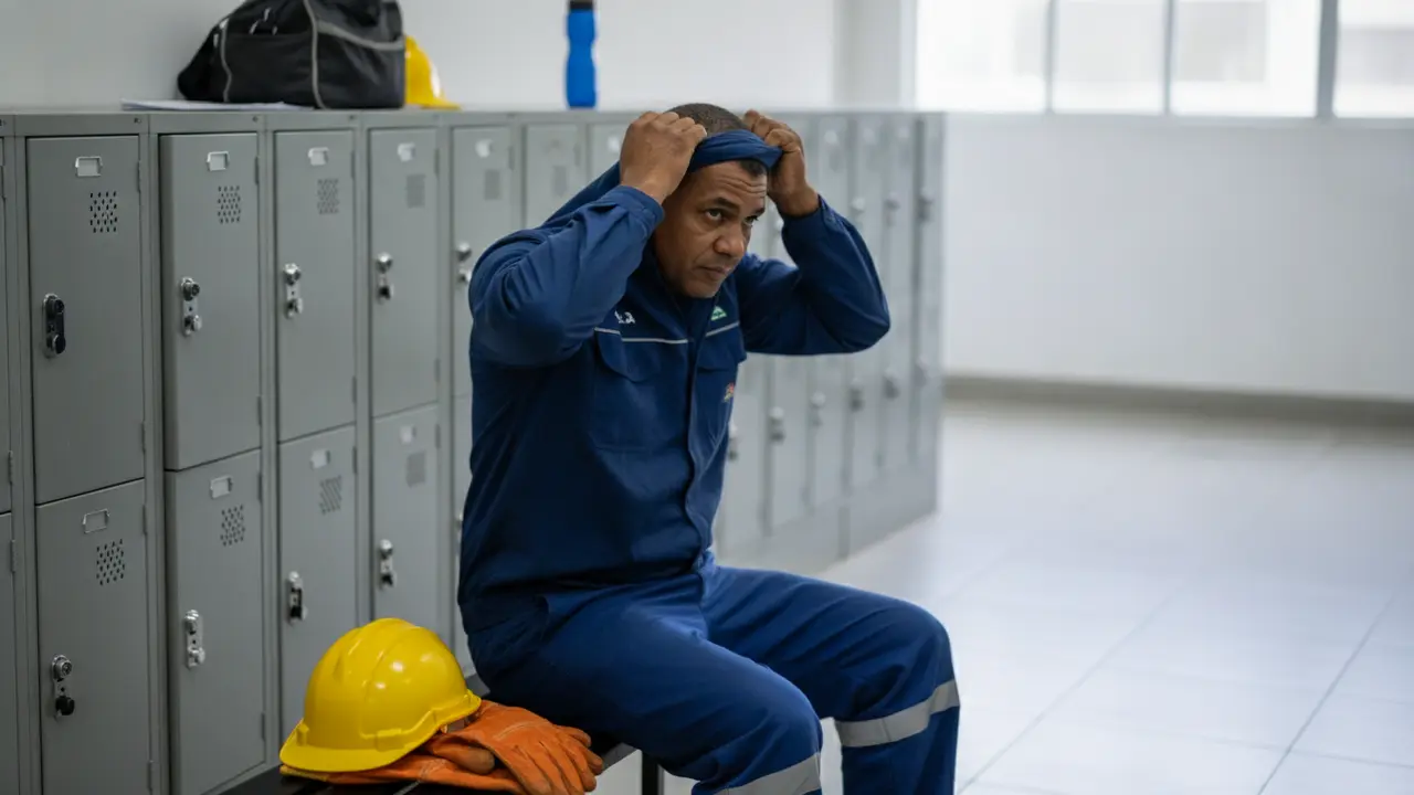 Trabalhador pardo em vestiário industrial trocando uniforme, ilustrando hora extra por tempo de troca.