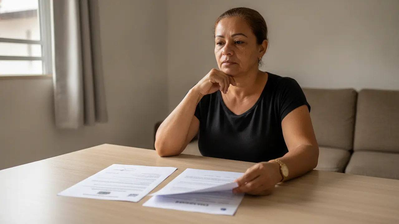 Ex-esposa parda de meia-idade revisando documentos e carta do INSS sobre pensão por morte.