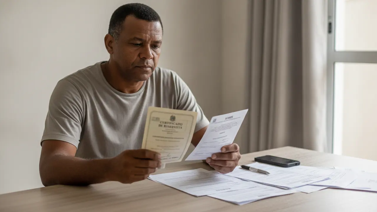 Homem negro de meia-idade com Certificado de Reservista e documentos do INSS para averbar tempo de serviço militar.