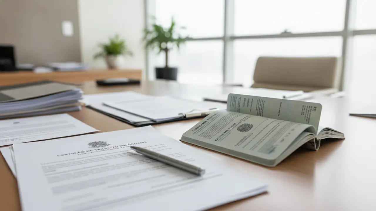 Mesa de escritório com documentos de processo trabalhista e carteira de trabalho para aposentadoria.